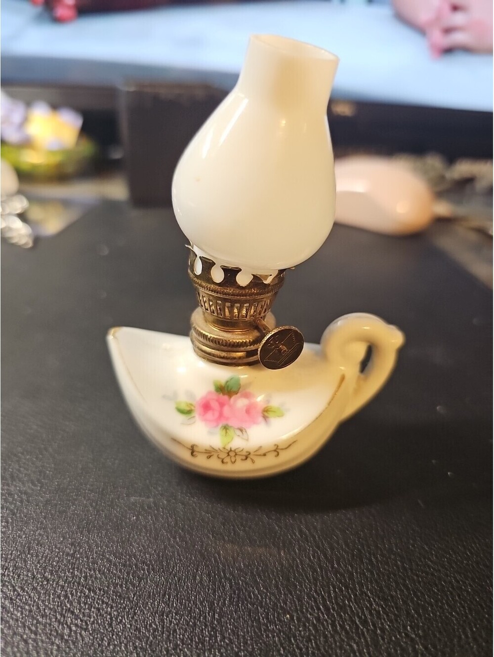 Vtg Small Painted Red Rose W/Gold Trim, White Globe Oil Lamp.